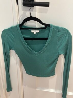 Hashtag Teal Ribbed V-Neck Long Sleeve Crop Top